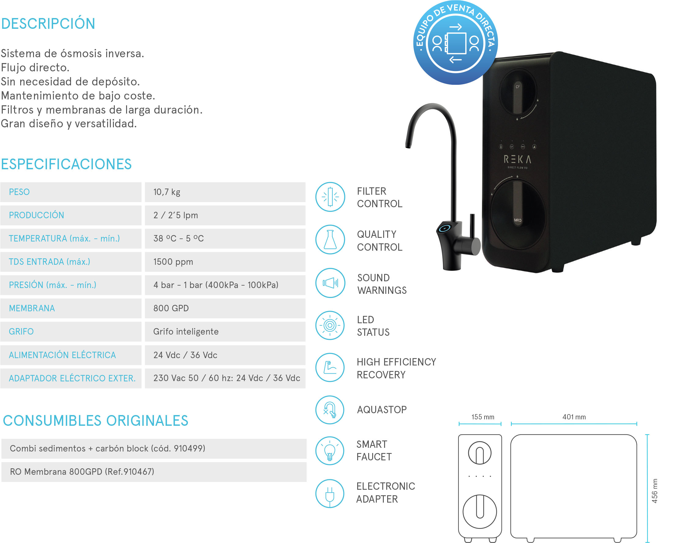 ÓSMOSIS DOMÉSTICAS COMPACTAS RO REKA 800 GPD